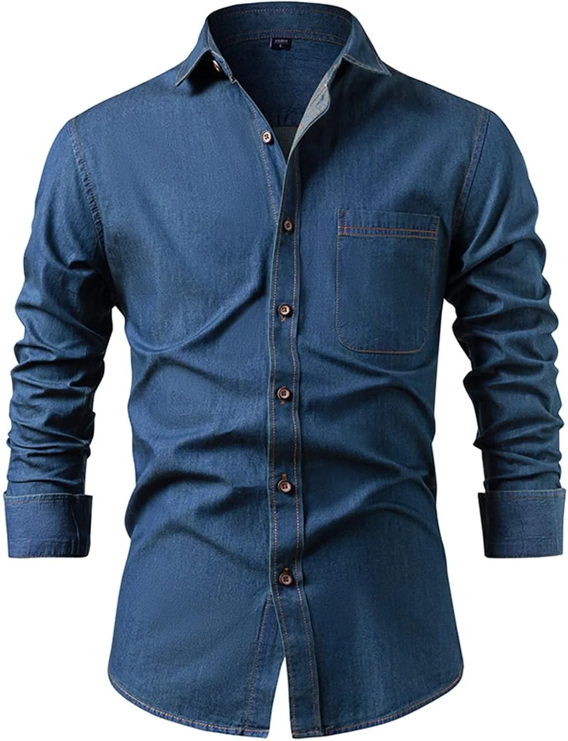 Polished Button Lapel Denim Tops for Men Fashion Stretchy Stain Sports Long Sleeve Lapel Shirt Going Out Party Wear