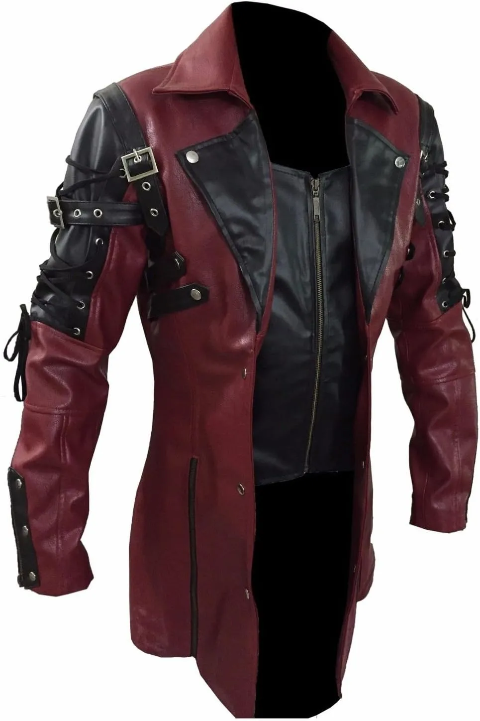 Steampunk Maroon & Black Renaissance Punk Faux Leather Victorian Gothic Coat