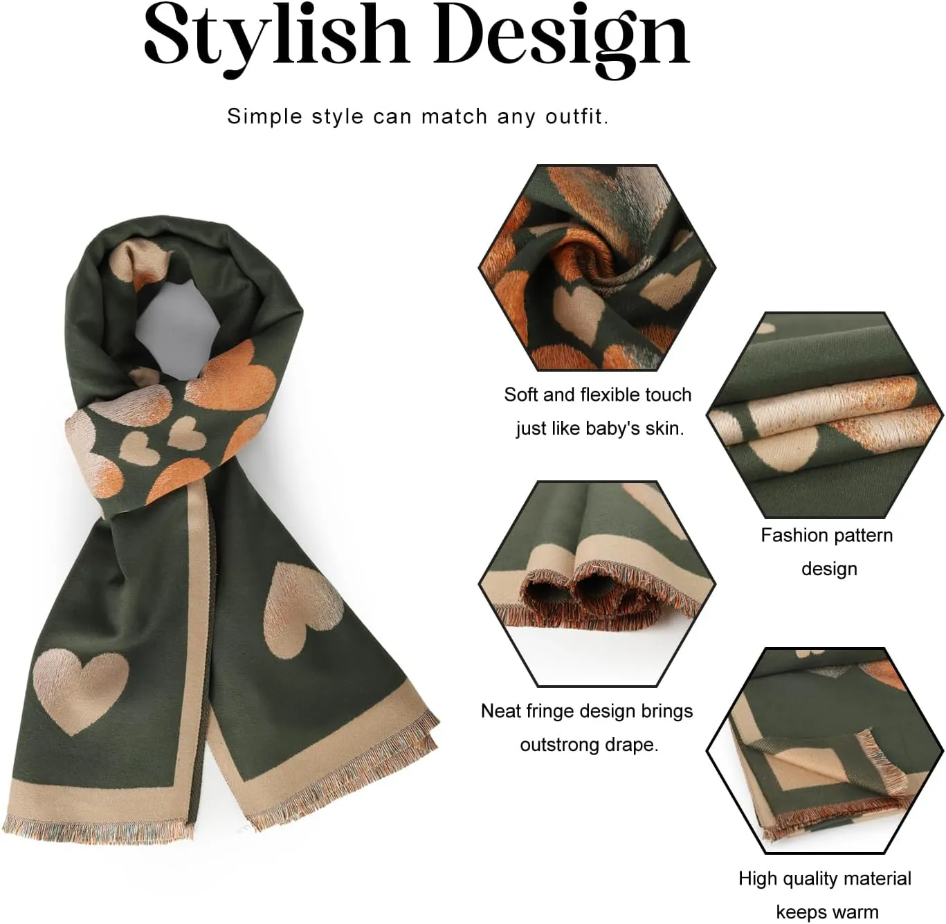 Sumato Scarf for Women Fall Winter Shawl Wraps Long Women Scarves Warm Soft Cashmere Feel Classic Heart Style