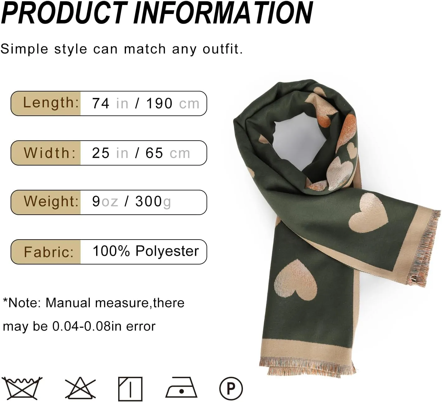 Sumato Scarf for Women Fall Winter Shawl Wraps Long Women Scarves Warm Soft Cashmere Feel Classic Heart Style
