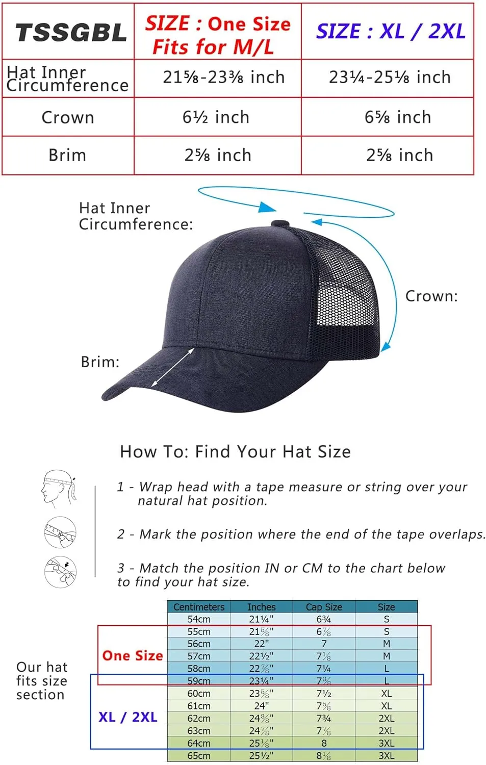 TSSGBL M, L, XL, XXL Snapback Trucker Hats Baseball Caps Adjustable Blank Mesh Back Ball Caps for Men Women
