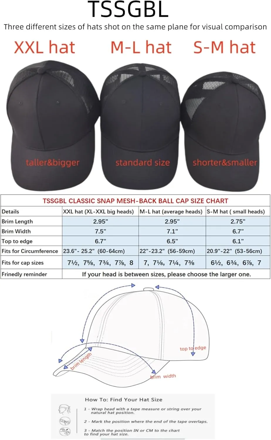 TSSGBL Multiple Sizes S,M,L,XL,XXL Snapback Baseball Trucker Hat Basic No-Logo Plain Men Women Mesh Work Ball Cap