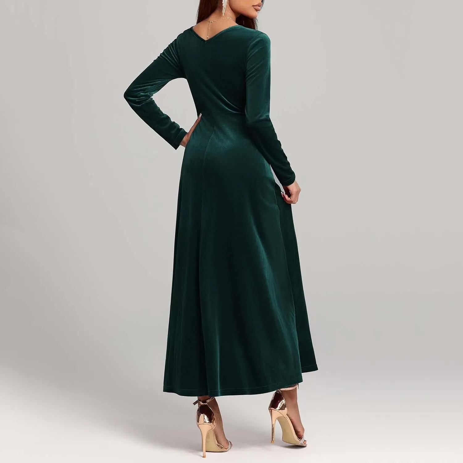 Vintage Velvet Flowy Maxi Gown for Women Square Neck Long Sleeve Empire Waist Dress Elegant Evening Formal Dresses