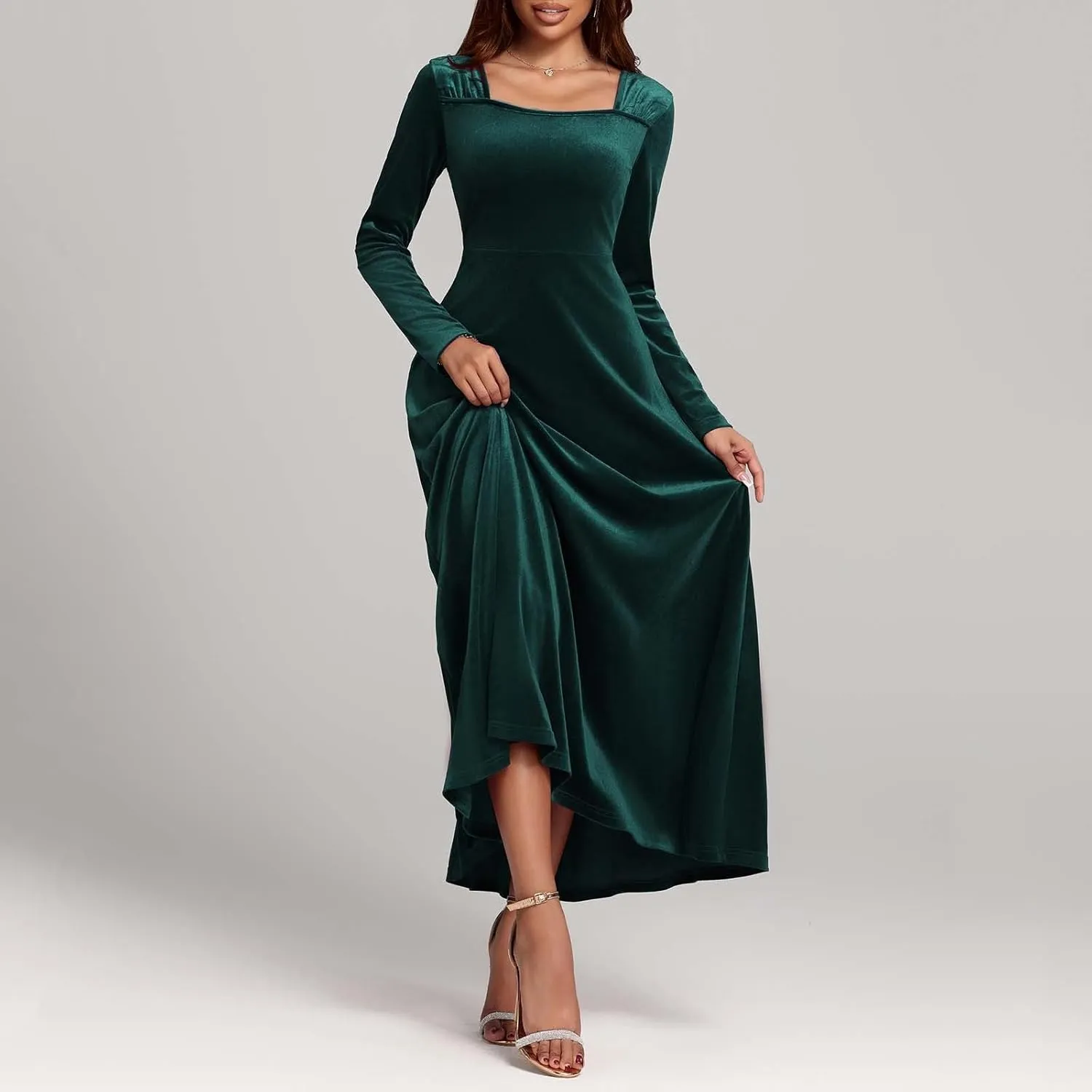 Vintage Velvet Flowy Maxi Gown for Women Square Neck Long Sleeve Empire Waist Dress Elegant Evening Formal Dresses