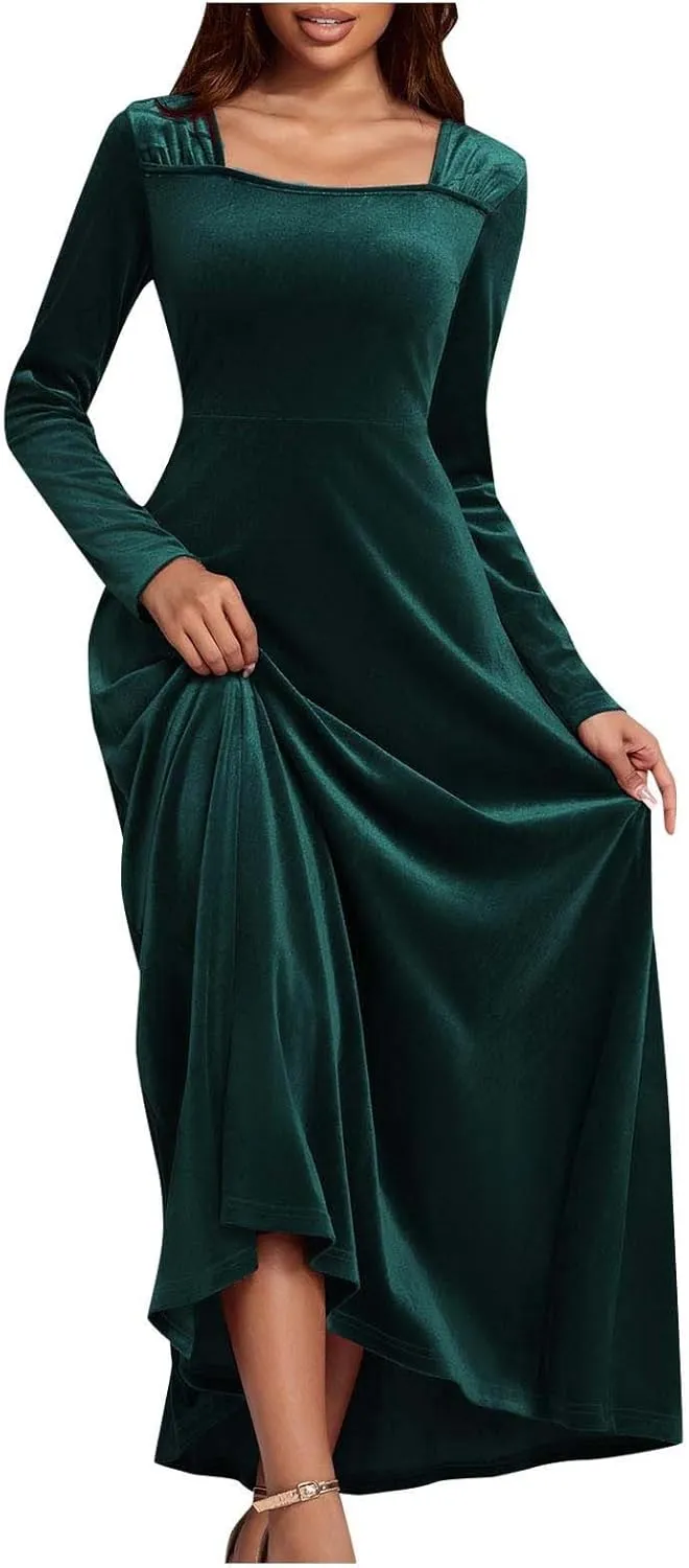 Vintage Velvet Flowy Maxi Gown for Women Square Neck Long Sleeve Empire Waist Dress Elegant Evening Formal Dresses