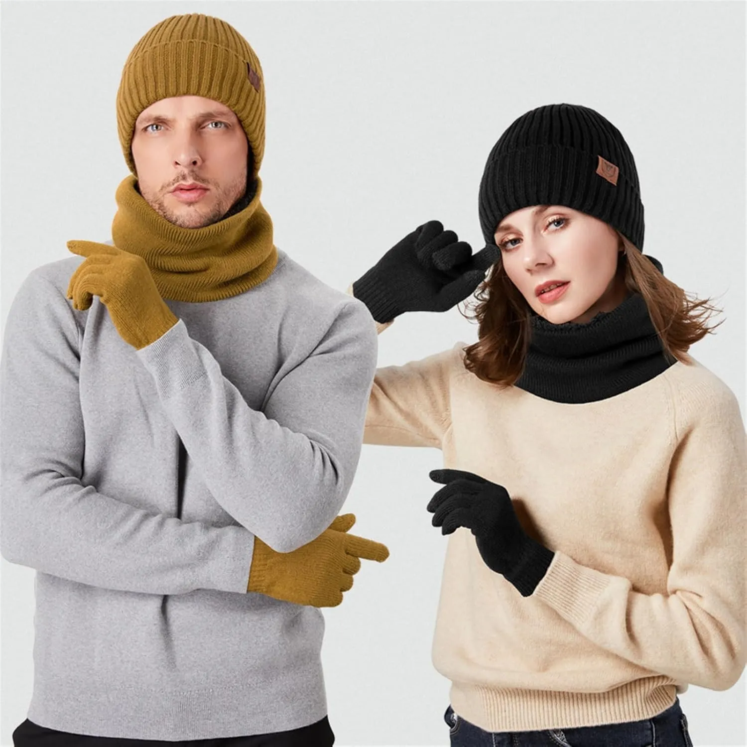 Winter Beanie Hat Scarf Touchscreen Gloves Set Warm Fleece Lined Skull Caps Neck Warmer for Men Women