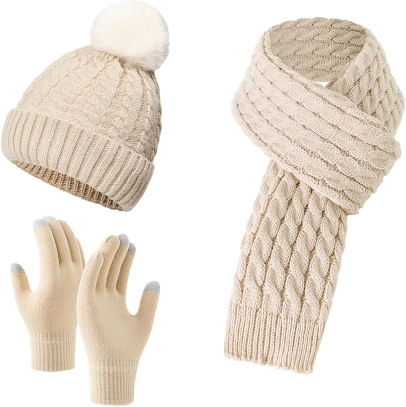 Winter Hats Scarf Gloves Set Womens Cold Weather Gear Skull Caps Touchscreen Gloves Long Neck Scarf with Fleece Lined