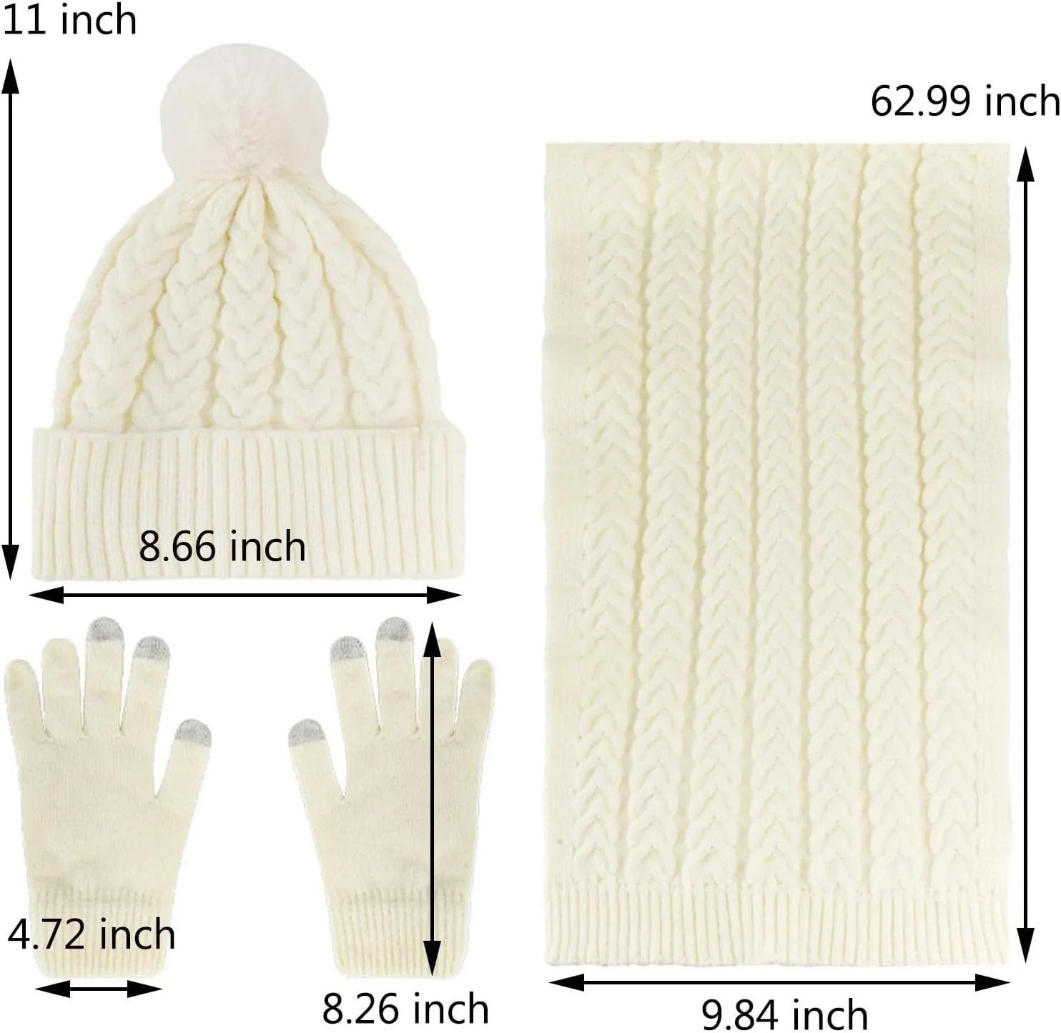 Winter Hats Scarf Gloves Set Womens Cold Weather Gear Skull Caps Touchscreen Gloves Long Neck Scarf with Fleece Lined