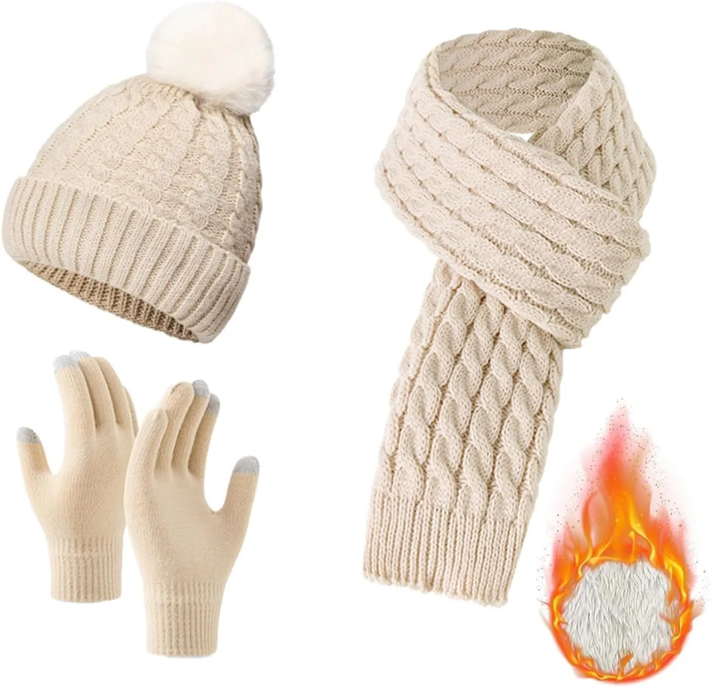 Winter Hats Scarf Gloves Set Womens Cold Weather Gear Skull Caps Touchscreen Gloves Long Neck Scarf with Fleece Lined