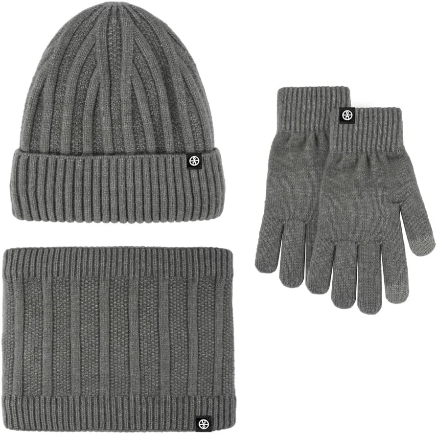 Winter Knit Warm Hat  Neck Warmer  Touch Screen Gloves Thickening Fleecing Hat Scarf Glove 3-piece Set for Women and Men (Dark gray)