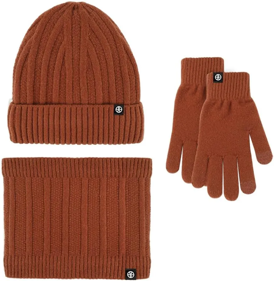 Winter Knit Warm Hat  Neck Warmer  Touch Screen Gloves Thickening Fleecing Hat Scarf Glove 3-piece Set for Women and Men (Orange-yellow)