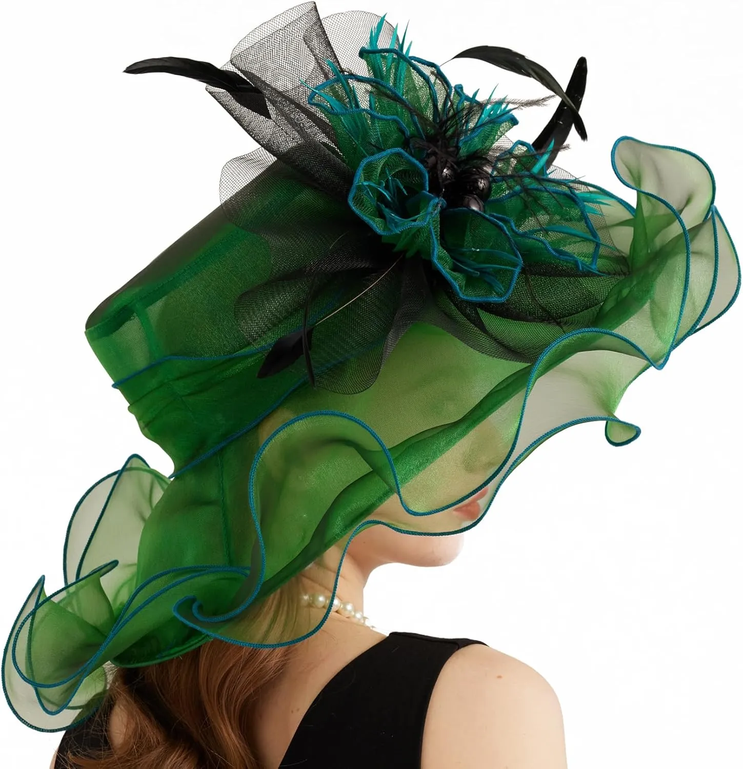 Women Organza Church Derby Hat Wide Brim Sun Caps for Wedding Tea Party Hat with Detachable hat Flower as Headgear