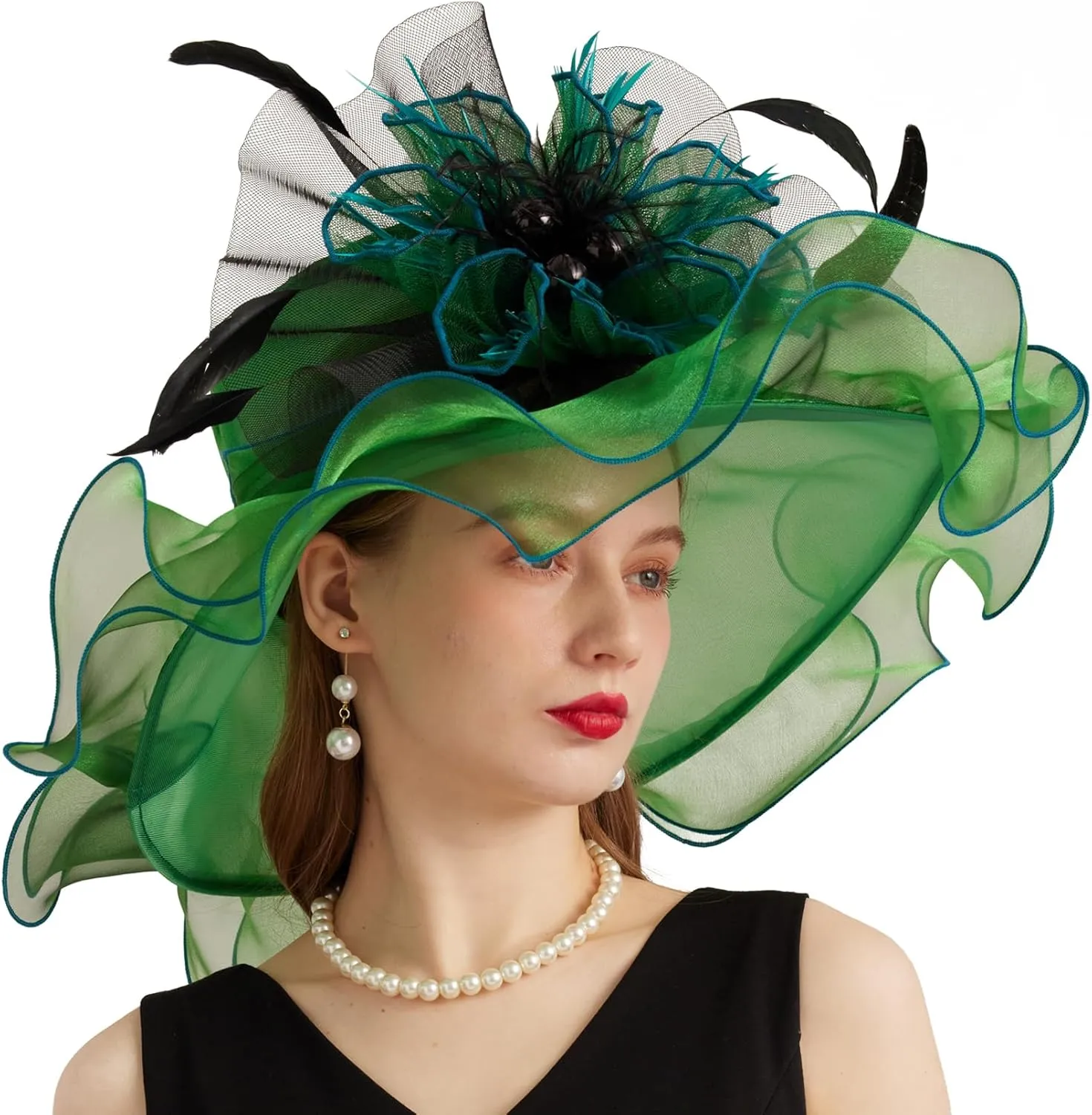 Women Organza Church Derby Hat Wide Brim Sun Caps for Wedding Tea Party Hat with Detachable hat Flower as Headgear