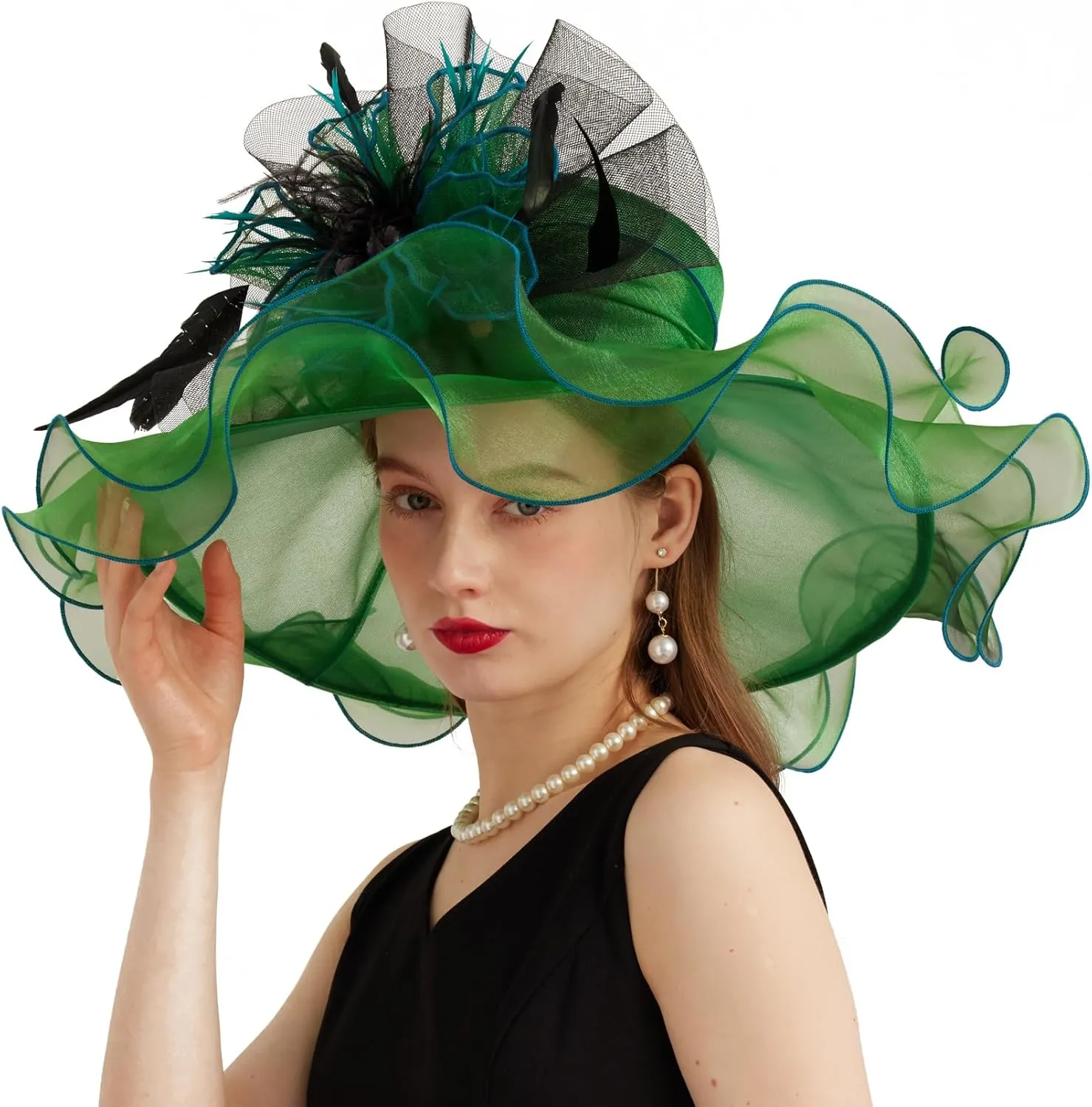 Women Organza Church Derby Hat Wide Brim Sun Caps for Wedding Tea Party Hat with Detachable hat Flower as Headgear