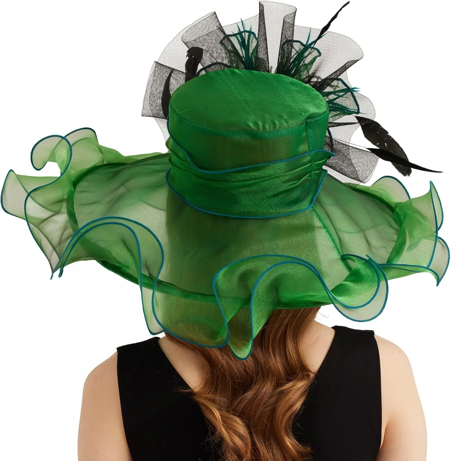 Women Organza Church Derby Hat Wide Brim Sun Caps for Wedding Tea Party Hat with Detachable hat Flower as Headgear