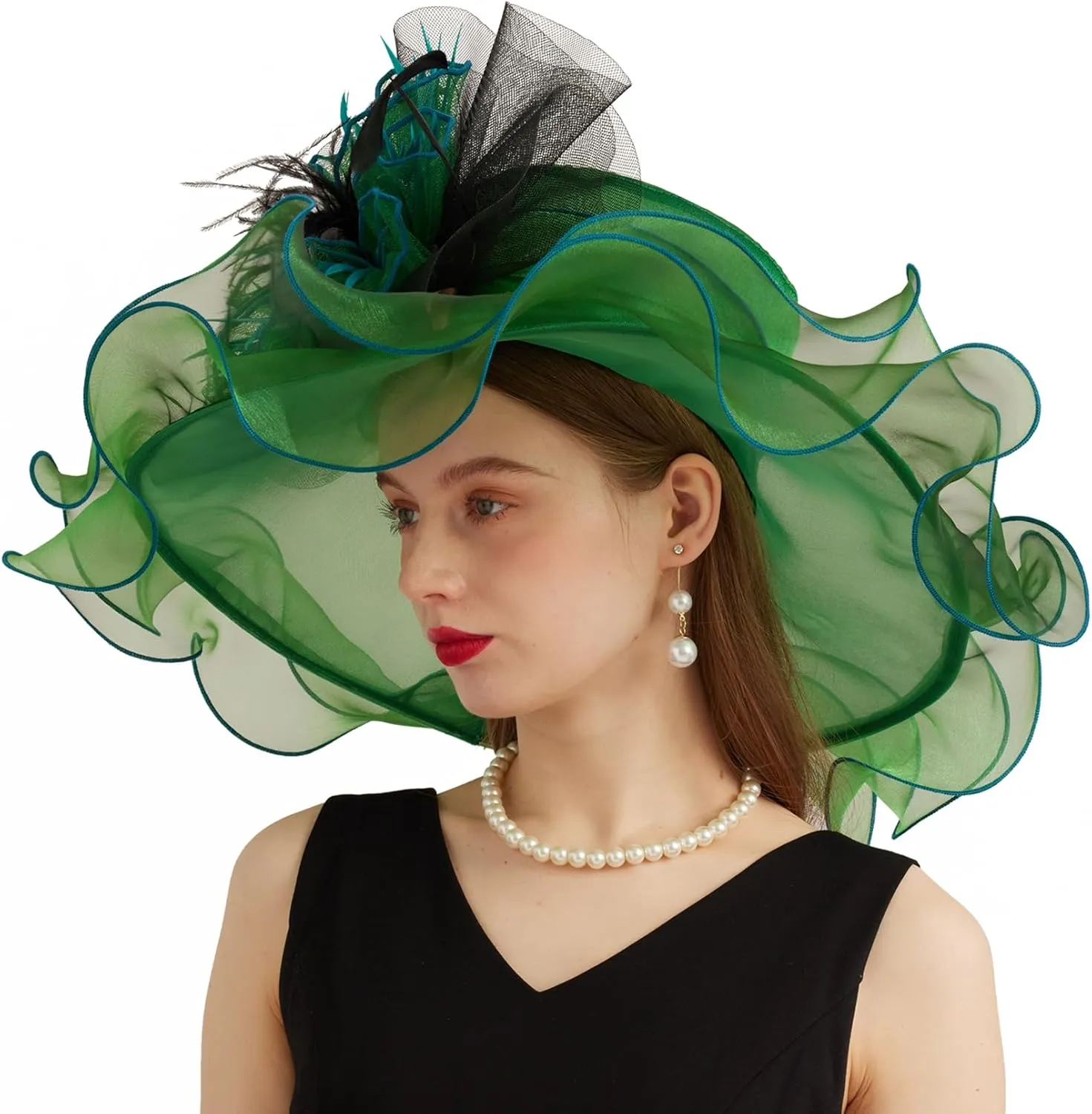 Women Organza Church Derby Hat Wide Brim Sun Caps for Wedding Tea Party Hat with Detachable hat Flower as Headgear