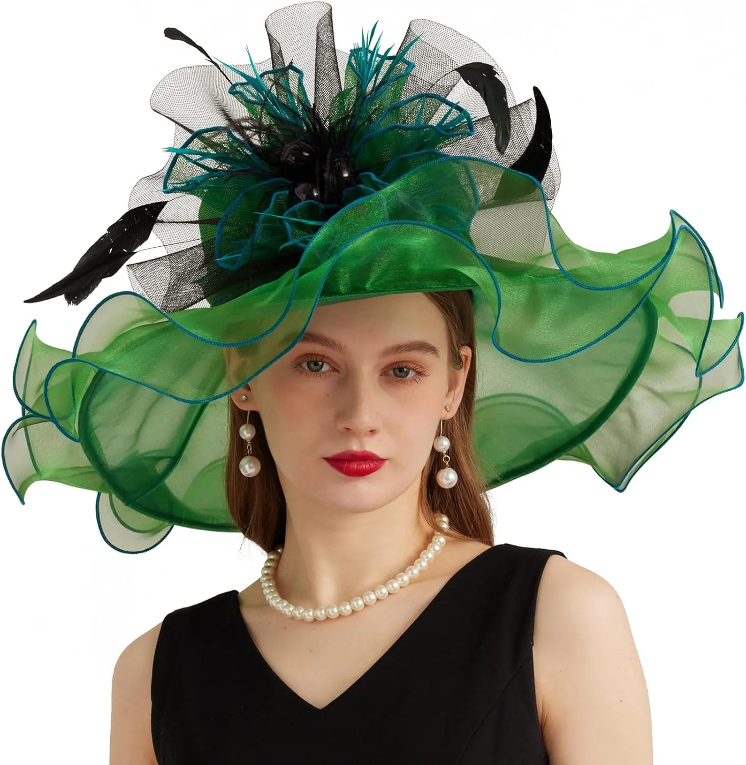 Women Organza Church Derby Hat Wide Brim Sun Caps for Wedding Tea Party Hat with Detachable hat Flower as Headgear
