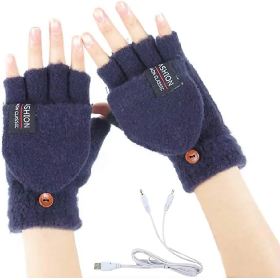 Women's & Men's USB Heated Gloves Knitting Hands Full & Half Heated Fingerless Heating Warmer with Button Washable Design, Mitten Winter Hands Warm Laptop Gloves (Navy)
