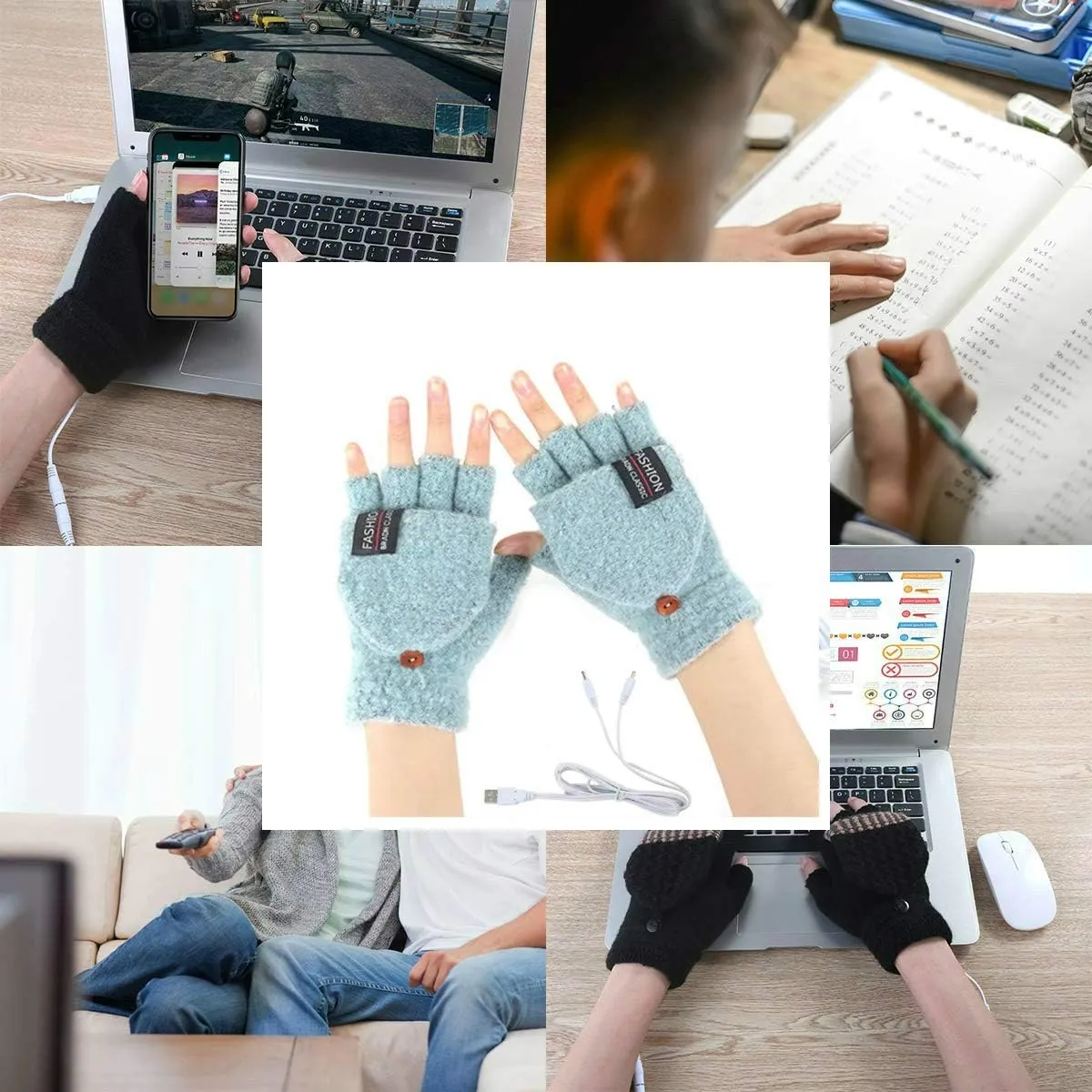 Women's & Men's USB Heated Gloves Knitting Hands Full & Half Heated Fingerless Heating Warmer with Button Washable Design