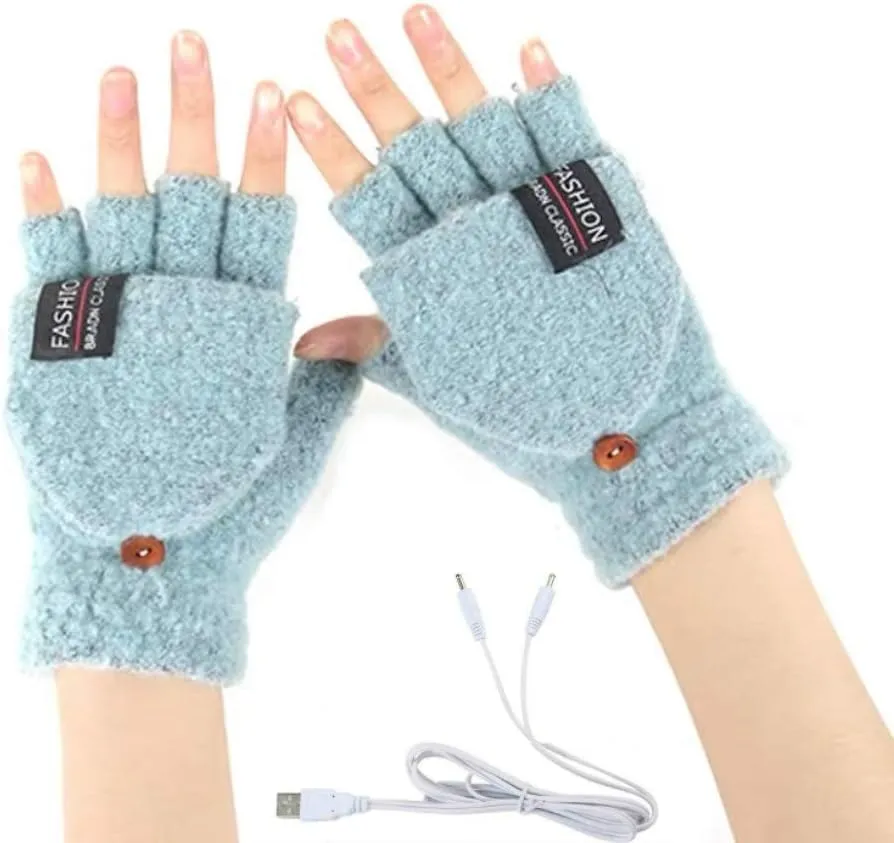 Women's & Men's USB Heated Gloves Knitting Hands Full & Half Heated Fingerless Heating Warmer with Button Washable Design