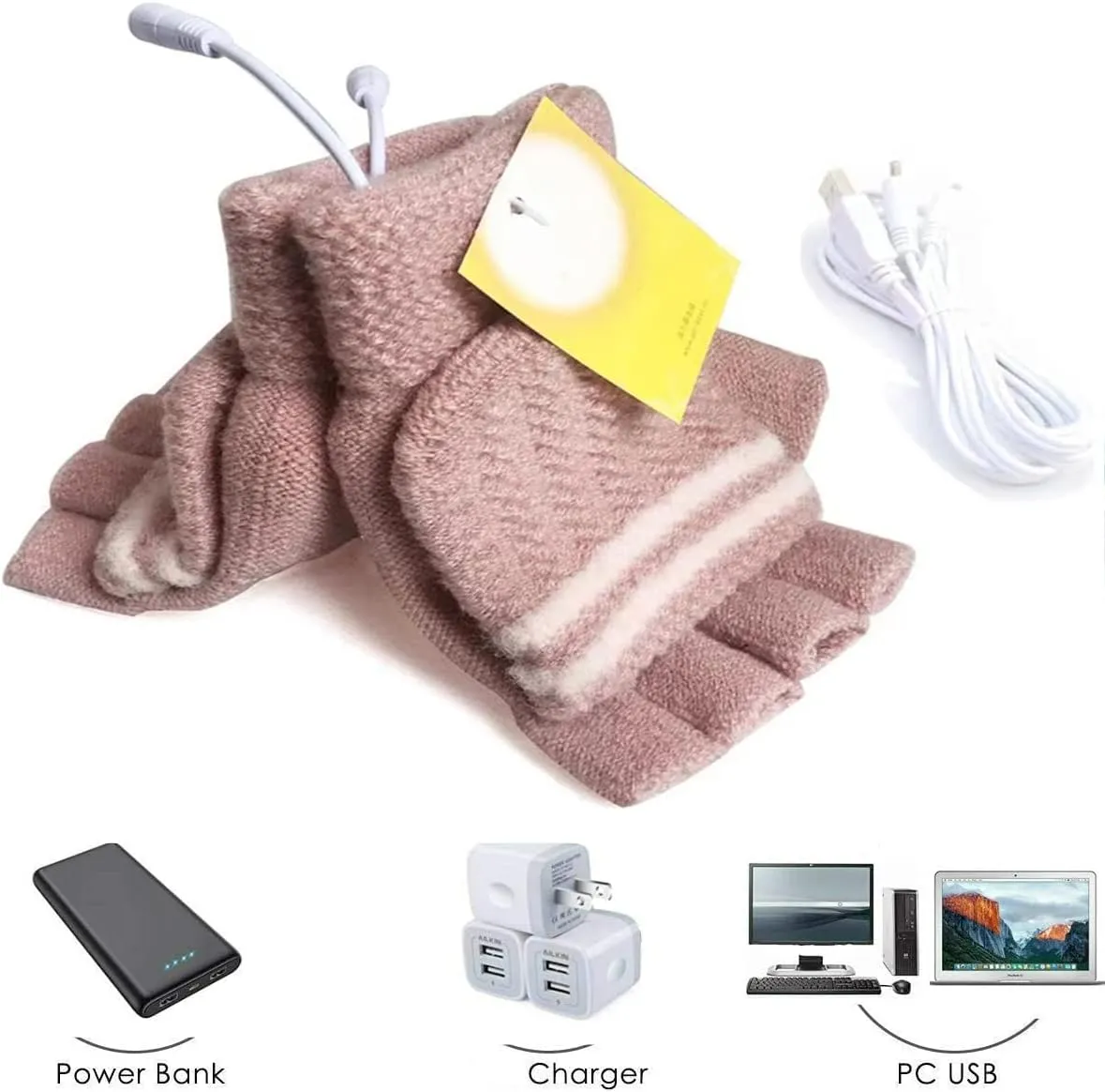 Women's & Men's USB Heated Gloves Mitten Winter Hands Warm Laptop Gloves, Knitting Hands Full & Half Heated Fingerless Heating Warmer Washable Design (Pink)