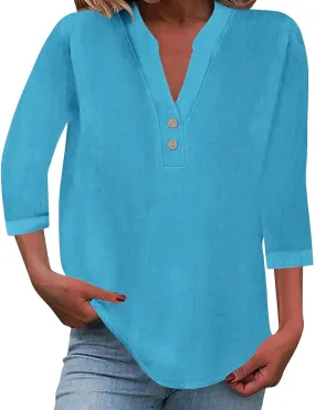 Womens Office Ready Linen Blouses Summer Tops 2025 V Neck Button Down Shirts Casual Tunic Work Vacation Wear