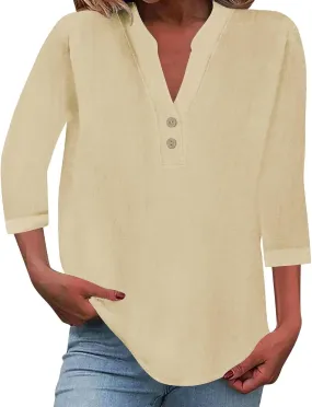 Womens Office Ready Linen Blouses Summer Tops 2025 V Neck Button Down Shirts Casual Tunic Work Vacation Wear