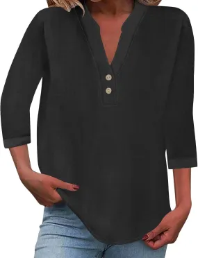 Womens Office Ready Linen Blouses Summer Tops 2025 V Neck Button Down Shirts Casual Tunic Work Vacation Wear