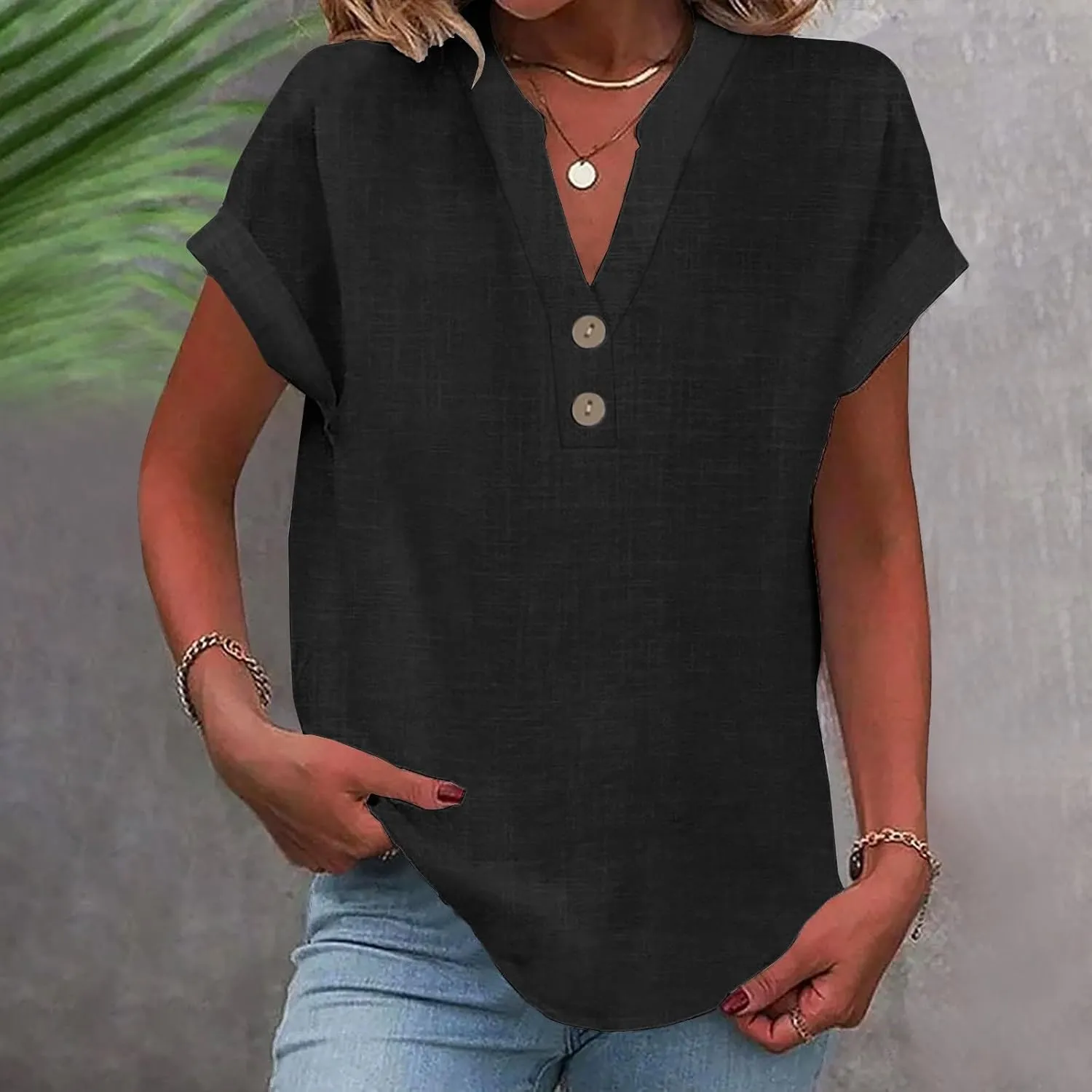 Womens Office Ready Linen Blouses Summer Tops 2025 V Neck Button Down Shirts Casual Tunic Work Vacation Wear
