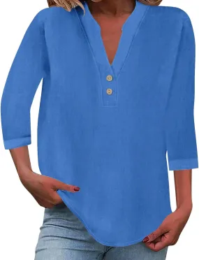 Womens Office Ready Linen Blouses Summer Tops 2025 V Neck Button Down Shirts Casual Tunic Work Vacation Wear
