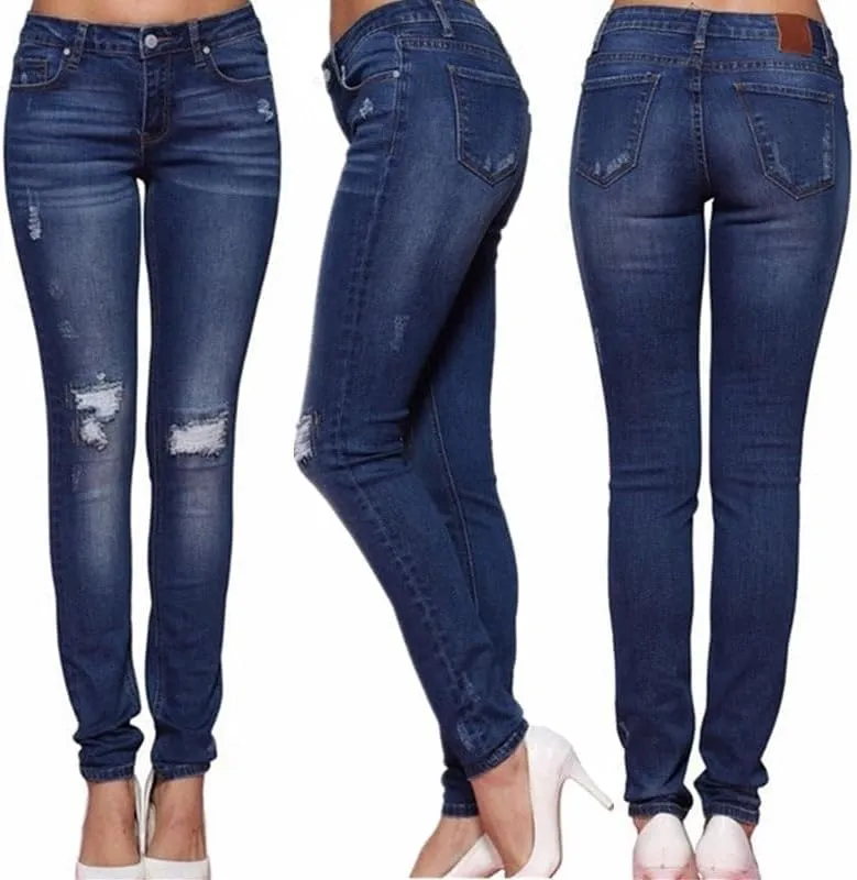 Womens Ripped Jeans High Waist Dark Denim Pants Stretchy Skinny Trousers Distressed Jeans with Zipper Closure Polished