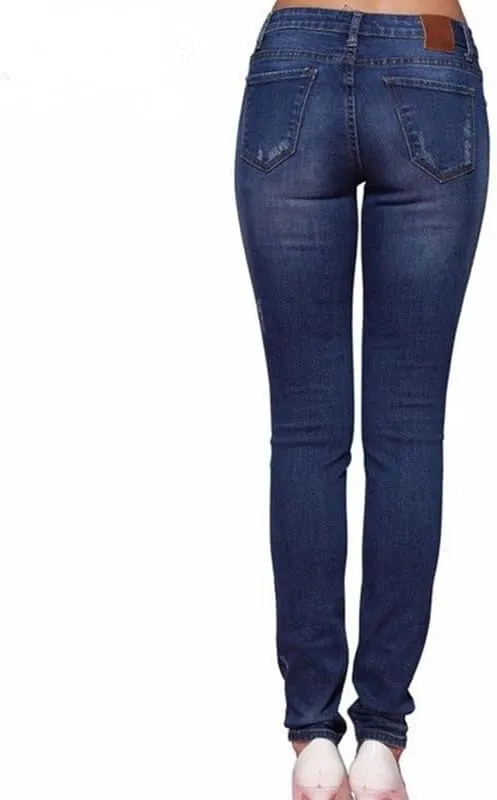 Womens Ripped Jeans High Waist Dark Denim Pants Stretchy Skinny Trousers Distressed Jeans with Zipper Closure Polished
