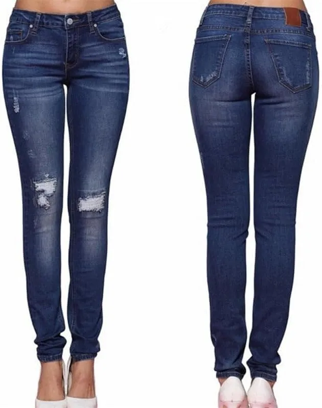 Womens Ripped Jeans High Waist Dark Denim Pants Stretchy Skinny Trousers Distressed Jeans with Zipper Closure Polished