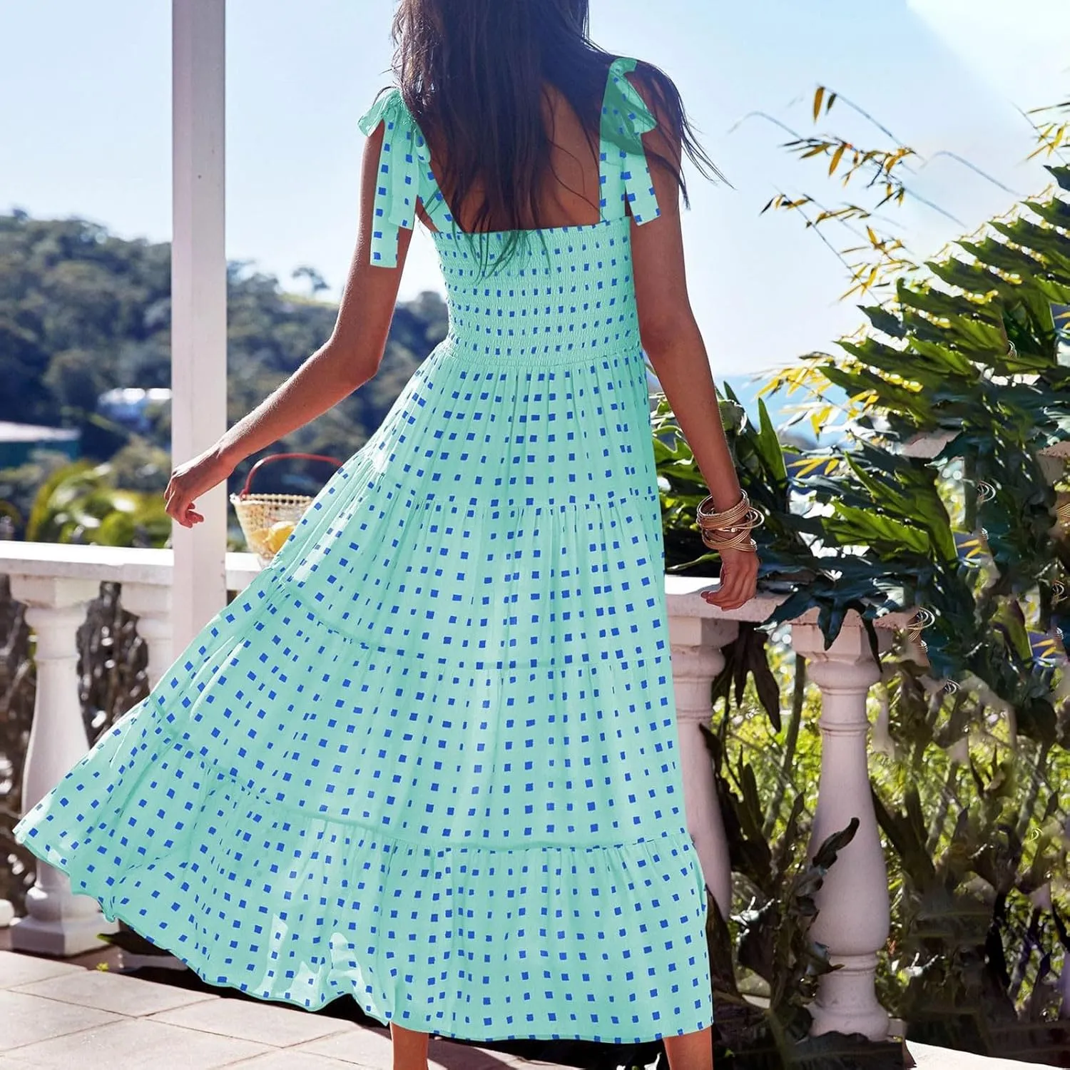 Women's Summer Boho Dresses Spaghetti Strap Square Neck Ruffle Casual Flowy Long Dress Beach Swing Party Maxi Dress