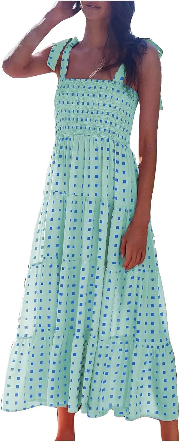 Women's Summer Boho Dresses Spaghetti Strap Square Neck Ruffle Casual Flowy Long Dress Beach Swing Party Maxi Dress