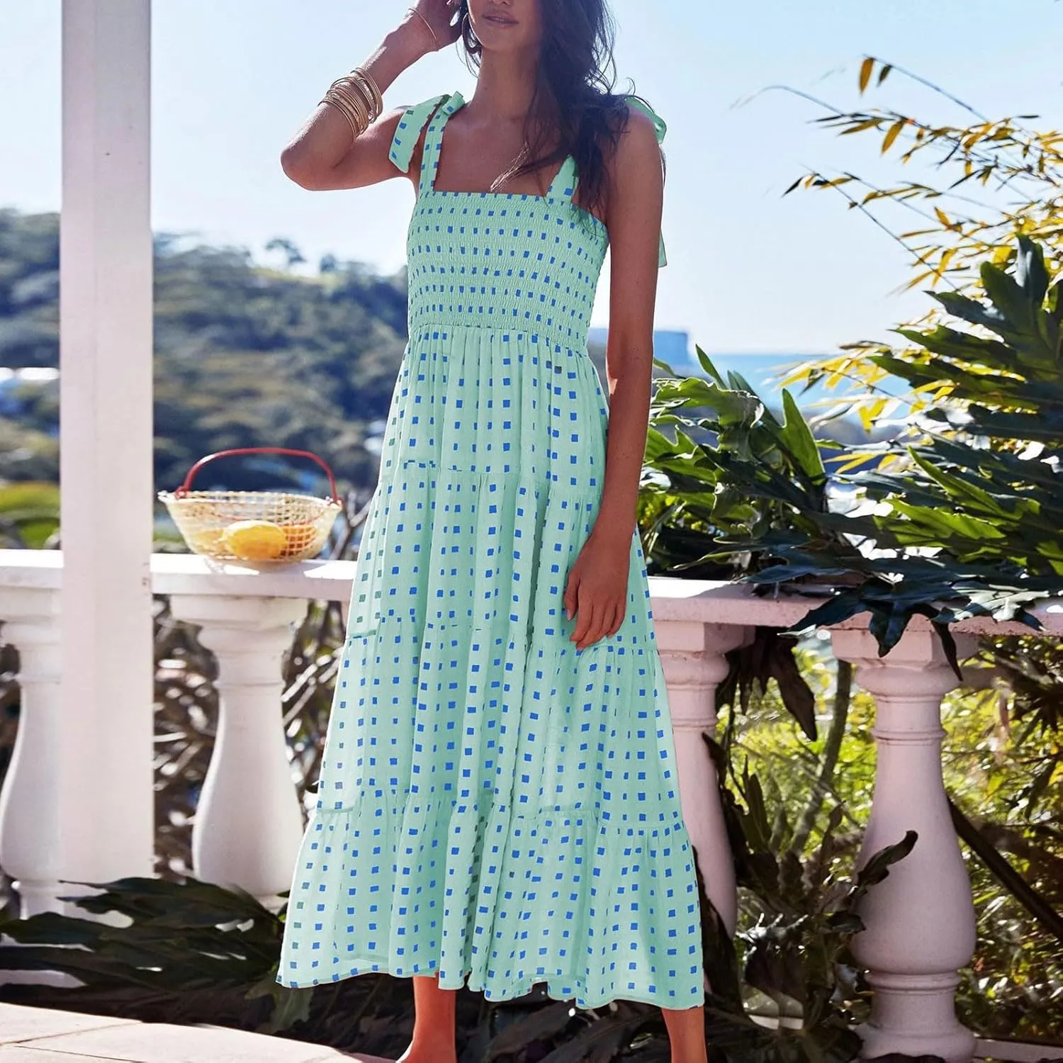 Women's Summer Boho Dresses Spaghetti Strap Square Neck Ruffle Casual Flowy Long Dress Beach Swing Party Maxi Dress