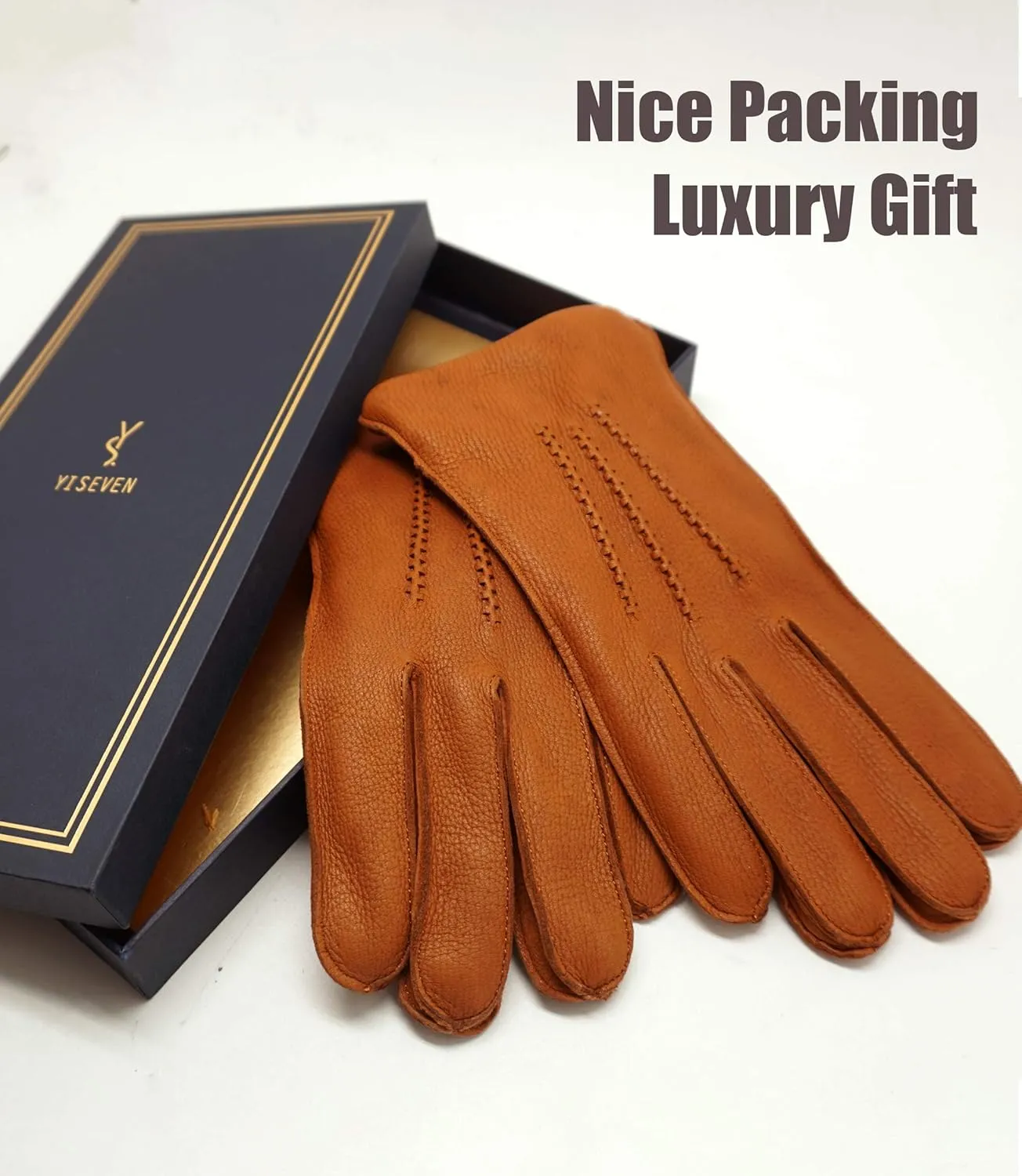 YISEVEN Men's Deerskin Leather Dress Gloves Hand Sewn