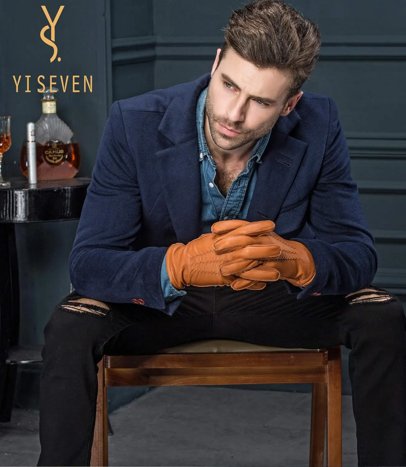 YISEVEN Men's Deerskin Leather Dress Gloves Hand Sewn