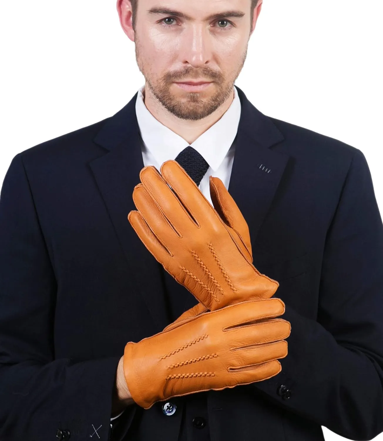 YISEVEN Men's Deerskin Leather Dress Gloves Hand Sewn